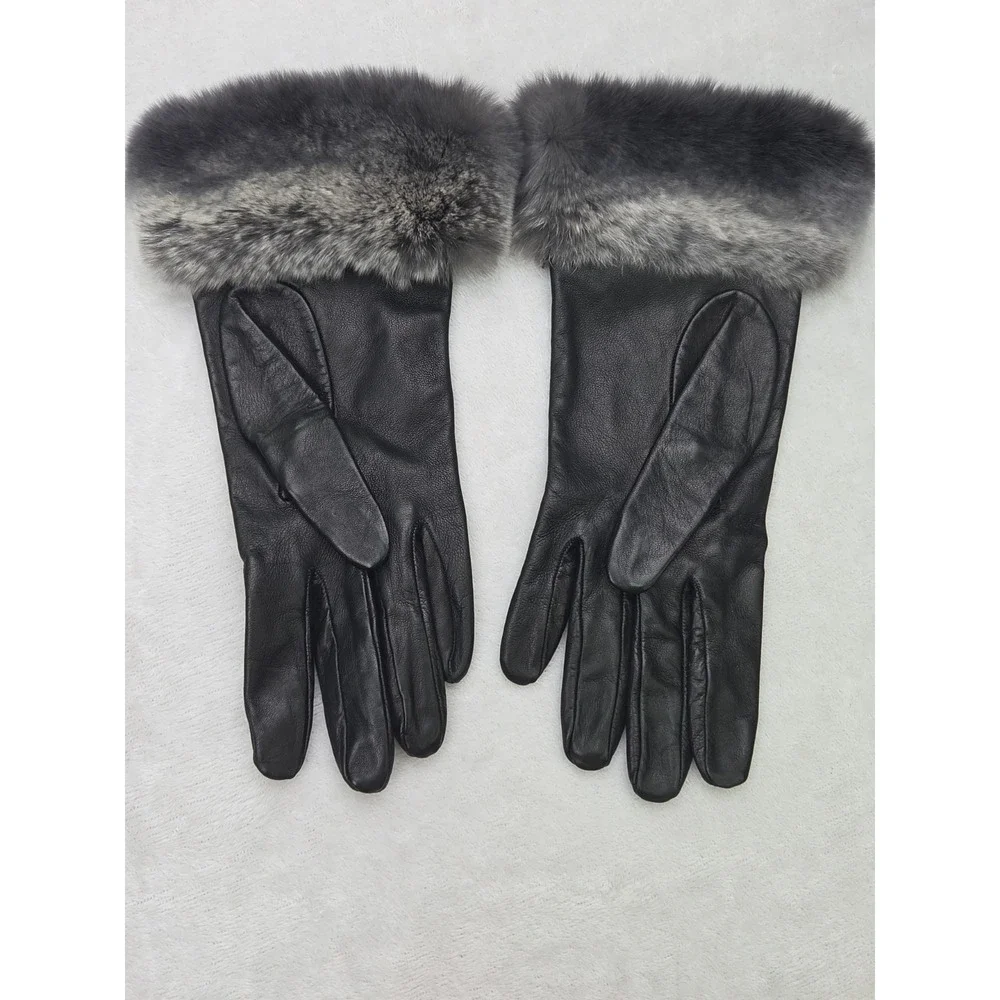 Black Leather Gloves Italy Fur Trim 100% Silk Lining Size M Women's Vintage